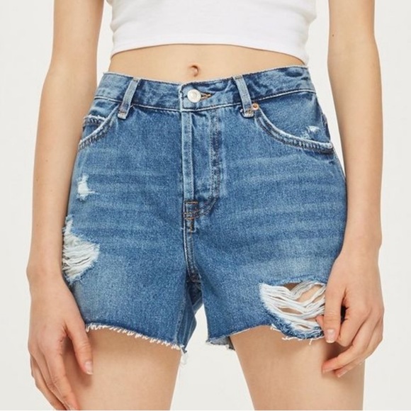 Topshop Ashley Ripped Boyfriend Button Up High Waisted Blue Shorts Holes Raw Hem - Picture 7 of 15